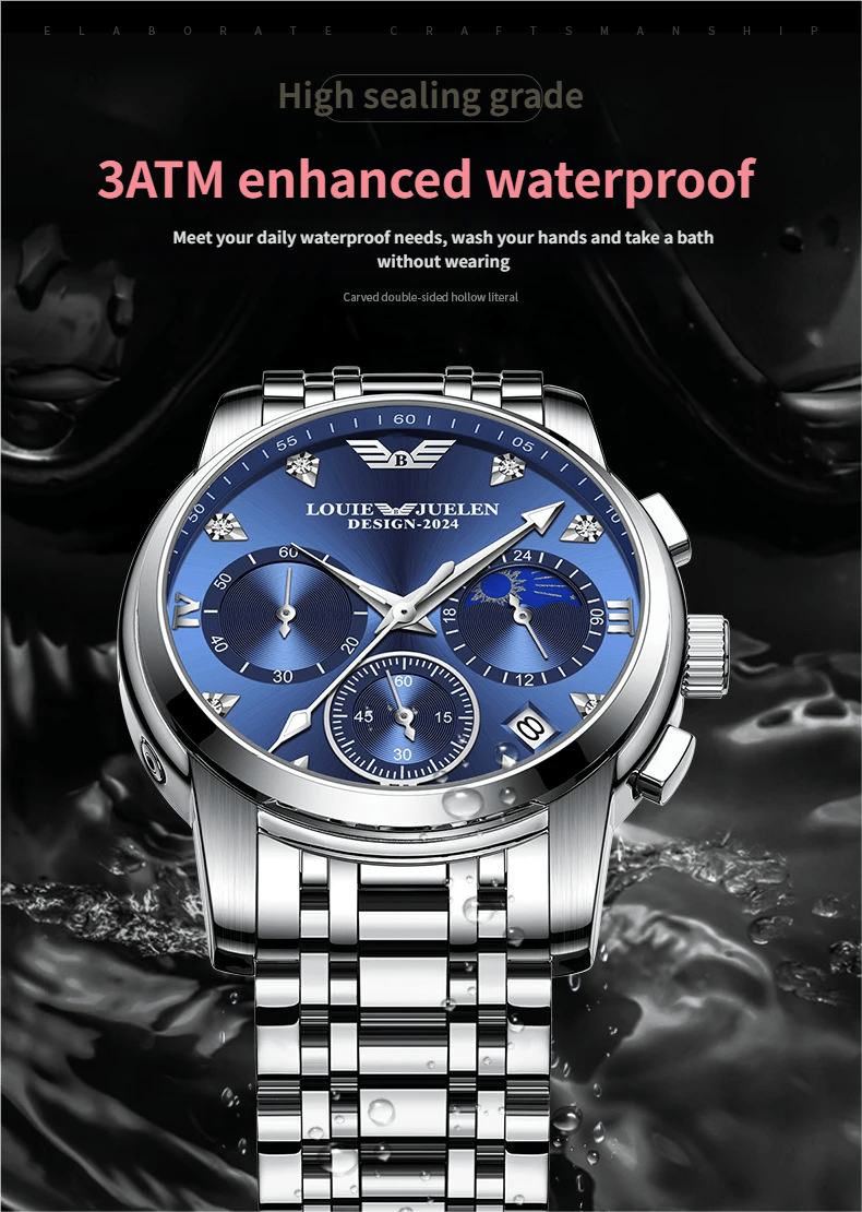 Men's luminous quartz watch with calendar, day, date, and moon phase display.