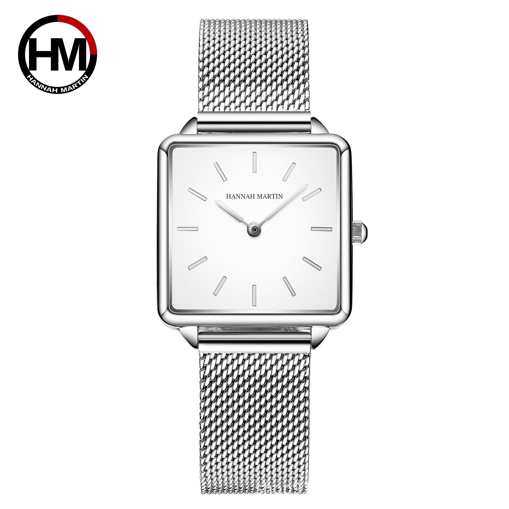 Vintage-style square-faced women's quartz watch with a steel bracelet and Japanese movement