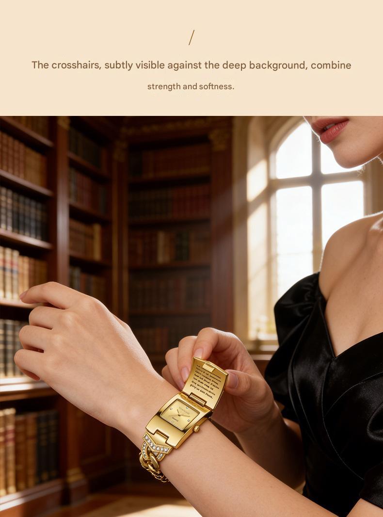 Women's Diamond-Set Cross-Shaped Flap-Style Gold Water-Resistant Wristwatch