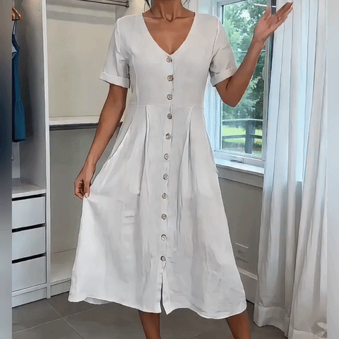 🌿 THE LINEN BUTTON MIDI: V-NECK, POCKETS, RELAXED FIT— NOW IN PLUS SIZE S-5XL! ✨