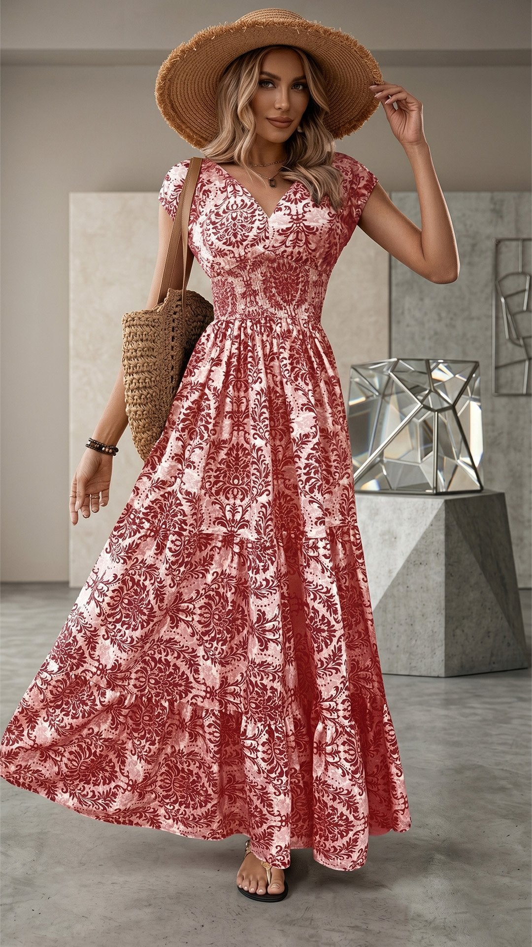 🌸 THE BOHEMIAN BLOOM MAXI: V-NECK, SHIRRED WAIST, ALL-OVER PRINT — YOUR SUMMER HOLIDAY DREAM DRESS 🌸