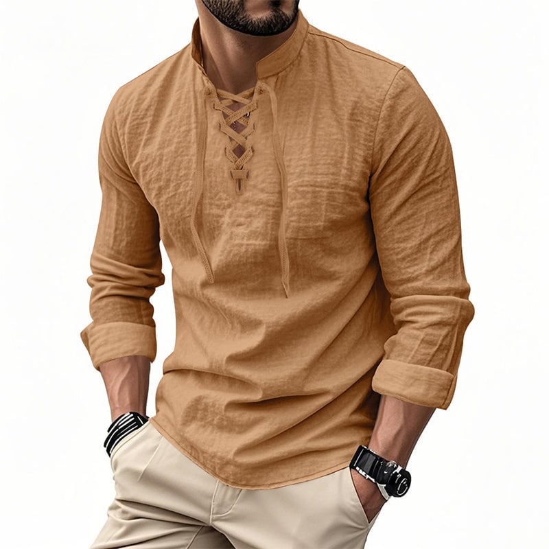 Men's Casual Drawstring Linen Shirt - Lightweight Breathable Long-Sleeve Design for Daily Wear & Vacation