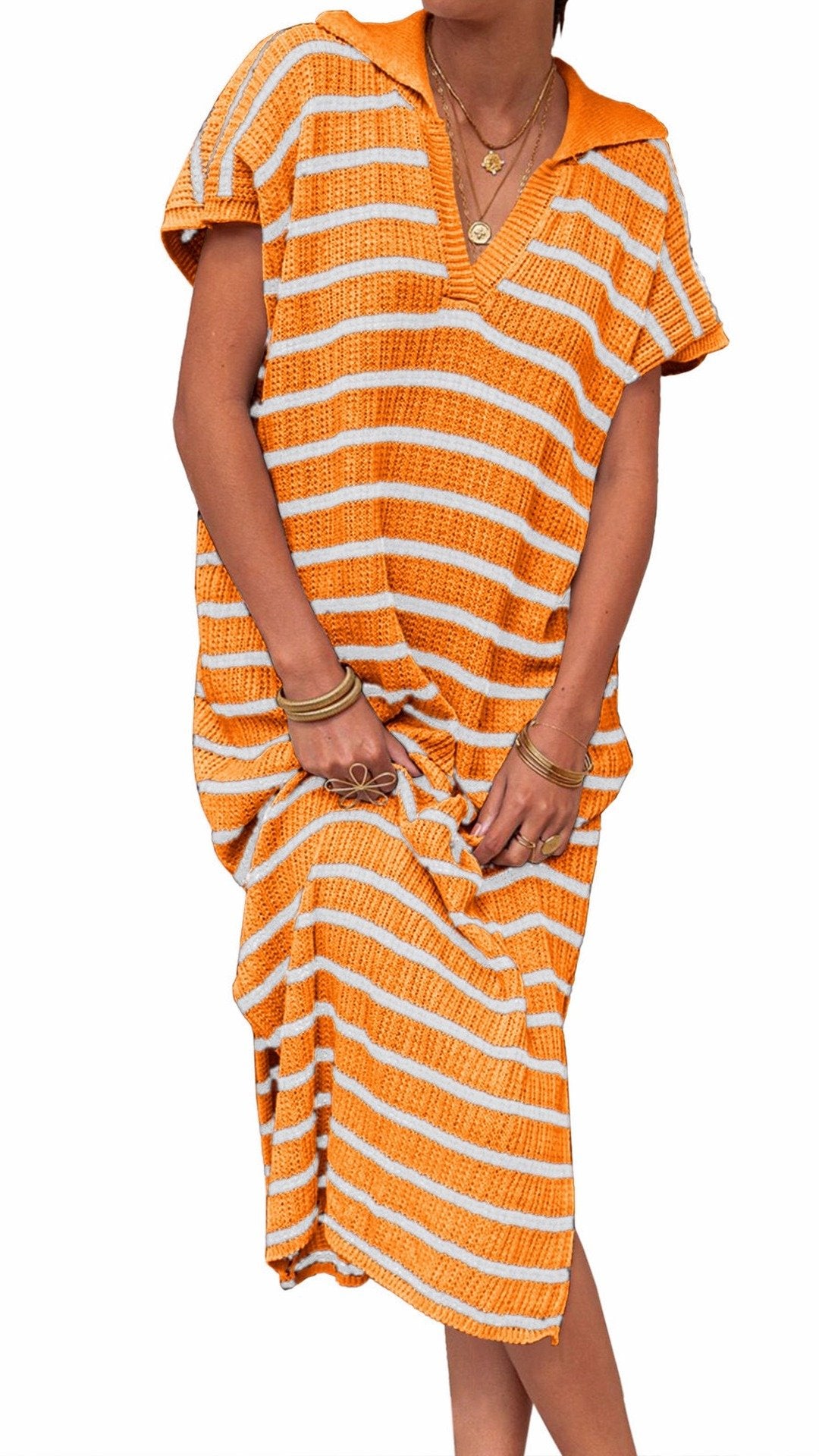 🌊 THE STRIPED KNIT COLLAR MAXI: SHORT SLEEVES, V-NECK, SIDE SLITS — EFFORTLESS SUMMER STYLE 🌊