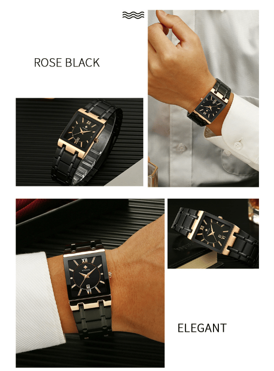 Square Men's Steel-Band Quartz Watch Water-Resistant Timepiece
