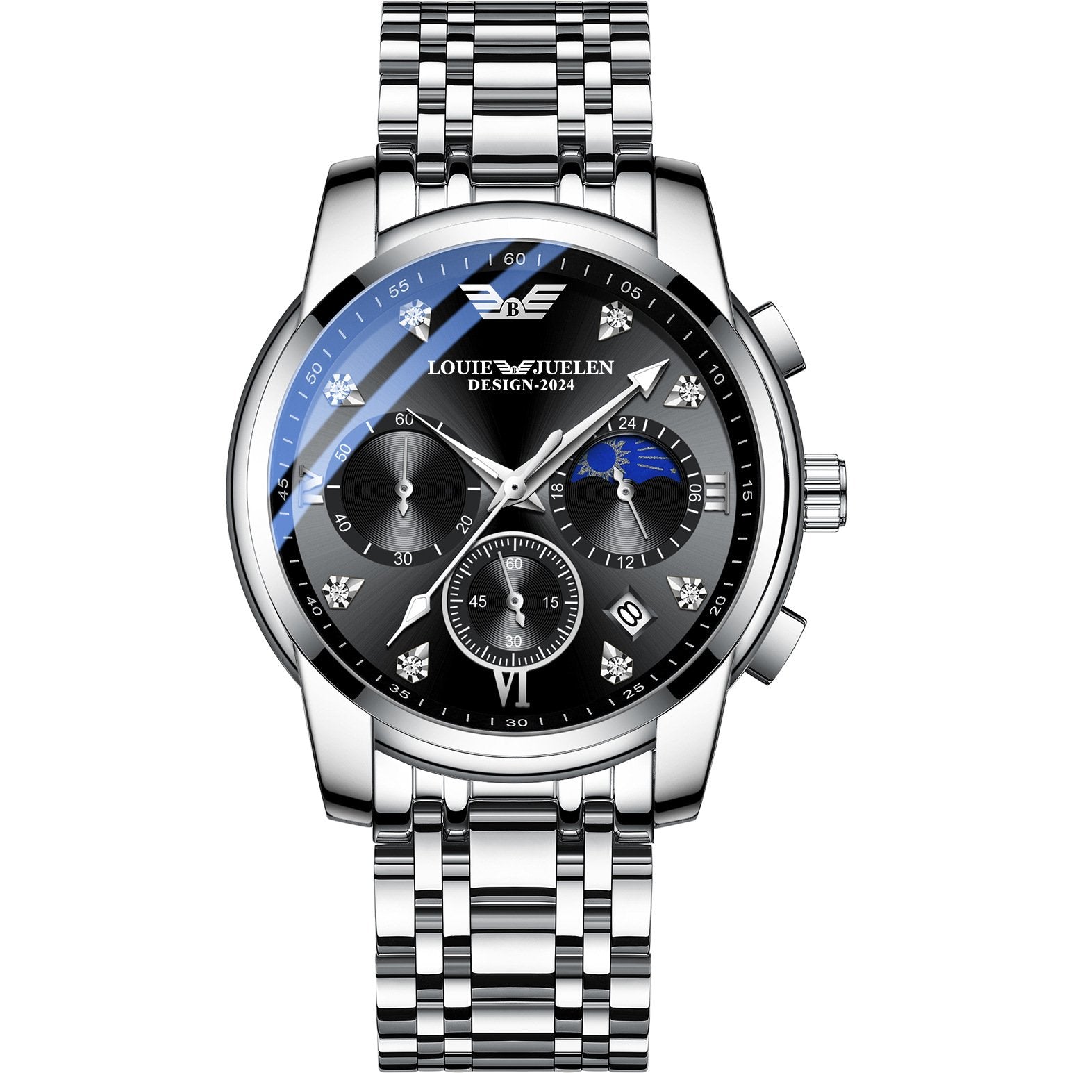 Men's luminous quartz watch with calendar, day, date, and moon phase display.