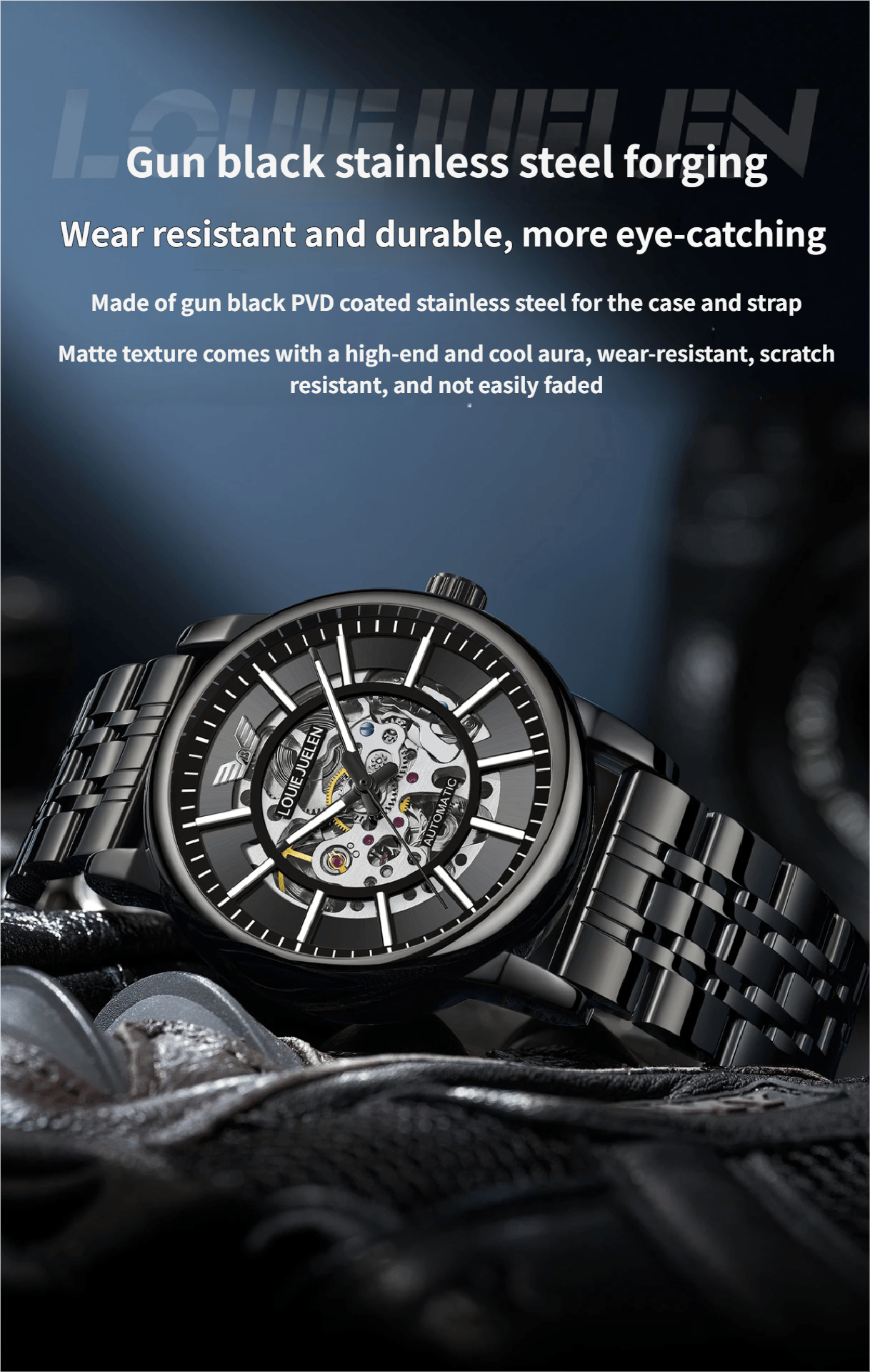 Men's Steel Strap Mechanical Watch with Skeletonised Movement and Luminescent Features