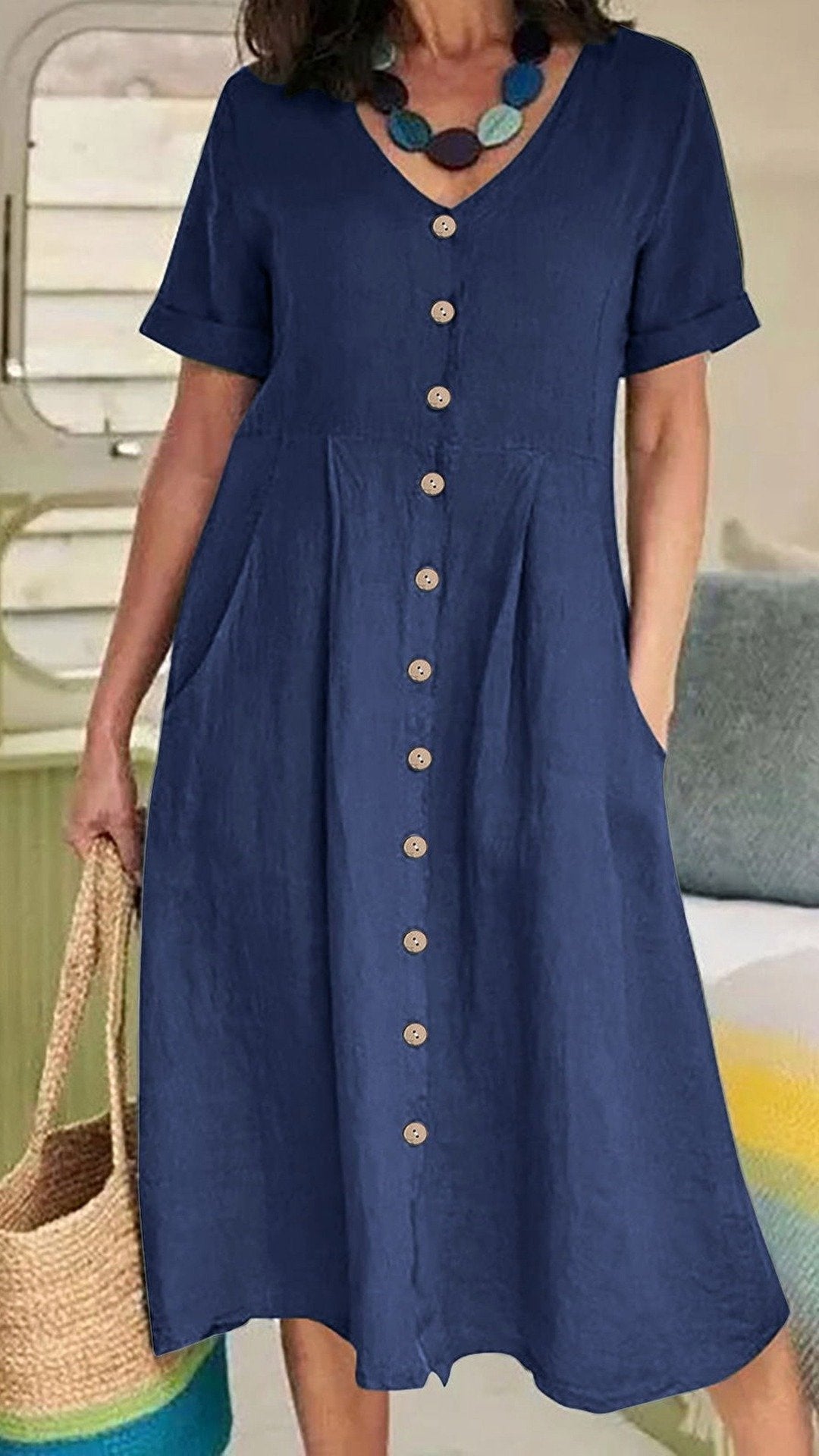 🌿 THE LINEN BUTTON MIDI: V-NECK, POCKETS, RELAXED FIT— NOW IN PLUS SIZE S-5XL! ✨
