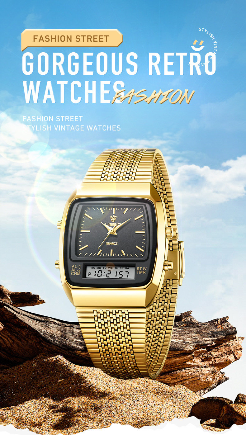Men's Steel-Band Dual-Display Dual-Movement Quartz Electronic Watch
