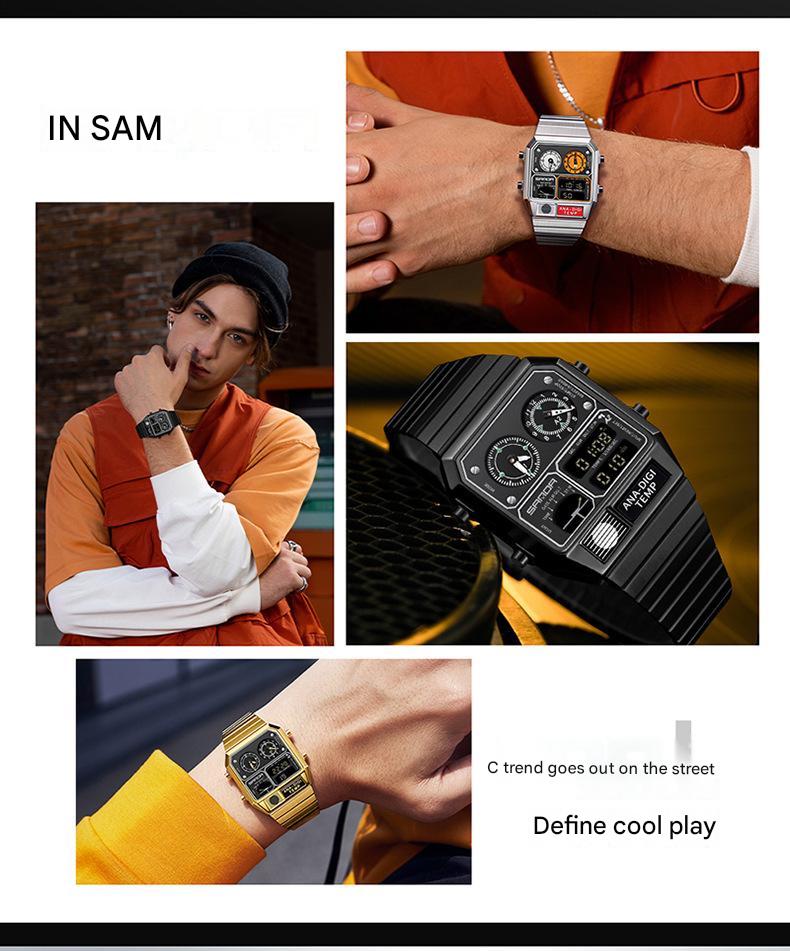 Multifunctional Men's Retro Square Waterproof Digital Watch with Thermometer and Timer