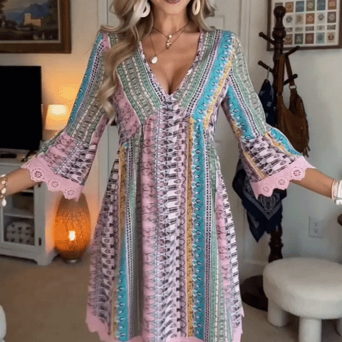 🌸 THE BOHEMIAN LACE TRIM DRESS: V‐NECK, LONG SLEEVES, ALL‐OVER PRINT — YOUR YEAR‐ROUND ESCAPE PIECE 🌸