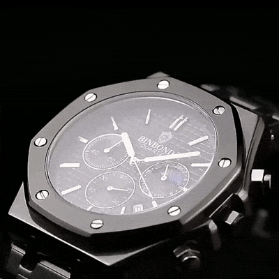 Three-Dial, Six-Hand Multifunction Moon Phase Men's Steel-Strap Watch