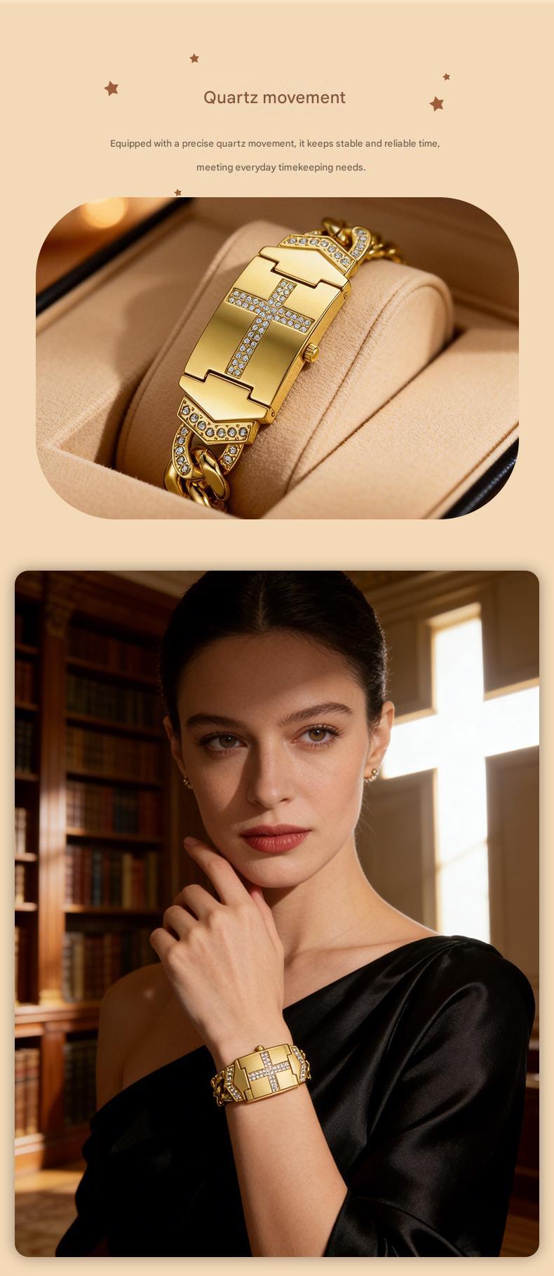 Women's Diamond-Set Cross-Shaped Flap-Style Gold Water-Resistant Wristwatch