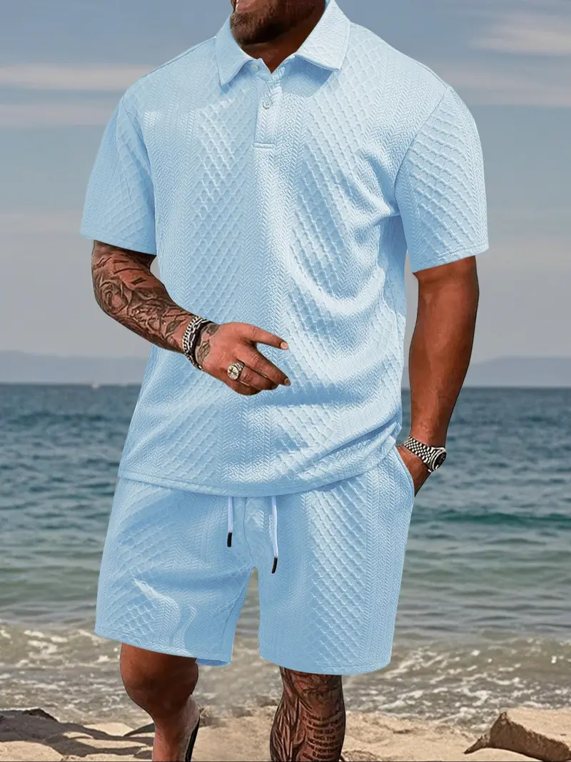 Men's Two-Piece Summer Outfit: Solid Polo & Drawstring Shorts, Cozy Breathable for Daily Wear---Buy 2 Get 15% Off & Free Shipping