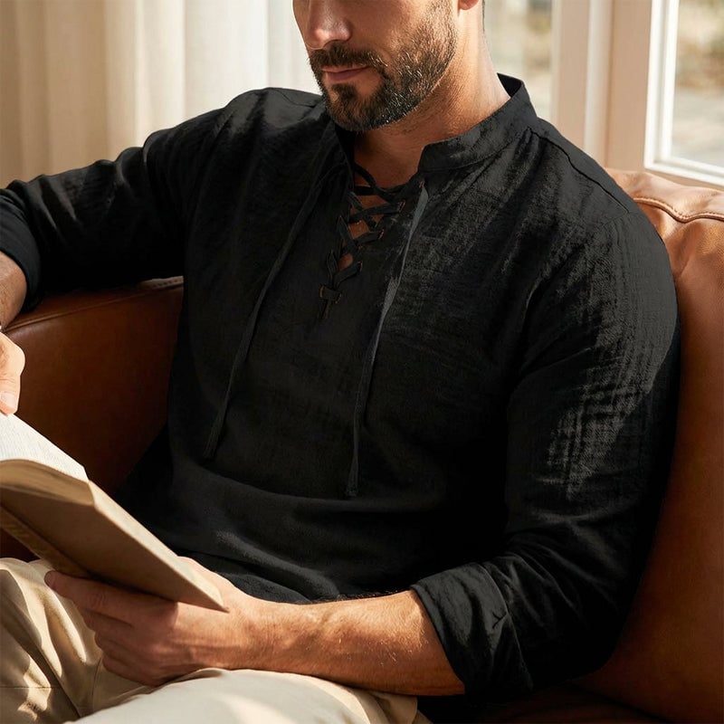 Men's Casual Drawstring Linen Shirt - Lightweight Breathable Long-Sleeve Design for Daily Wear & Vacation