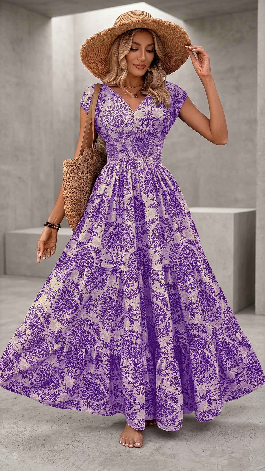 🌸 THE BOHEMIAN BLOOM MAXI: V-NECK, SHIRRED WAIST, ALL-OVER PRINT — YOUR SUMMER HOLIDAY DREAM DRESS 🌸