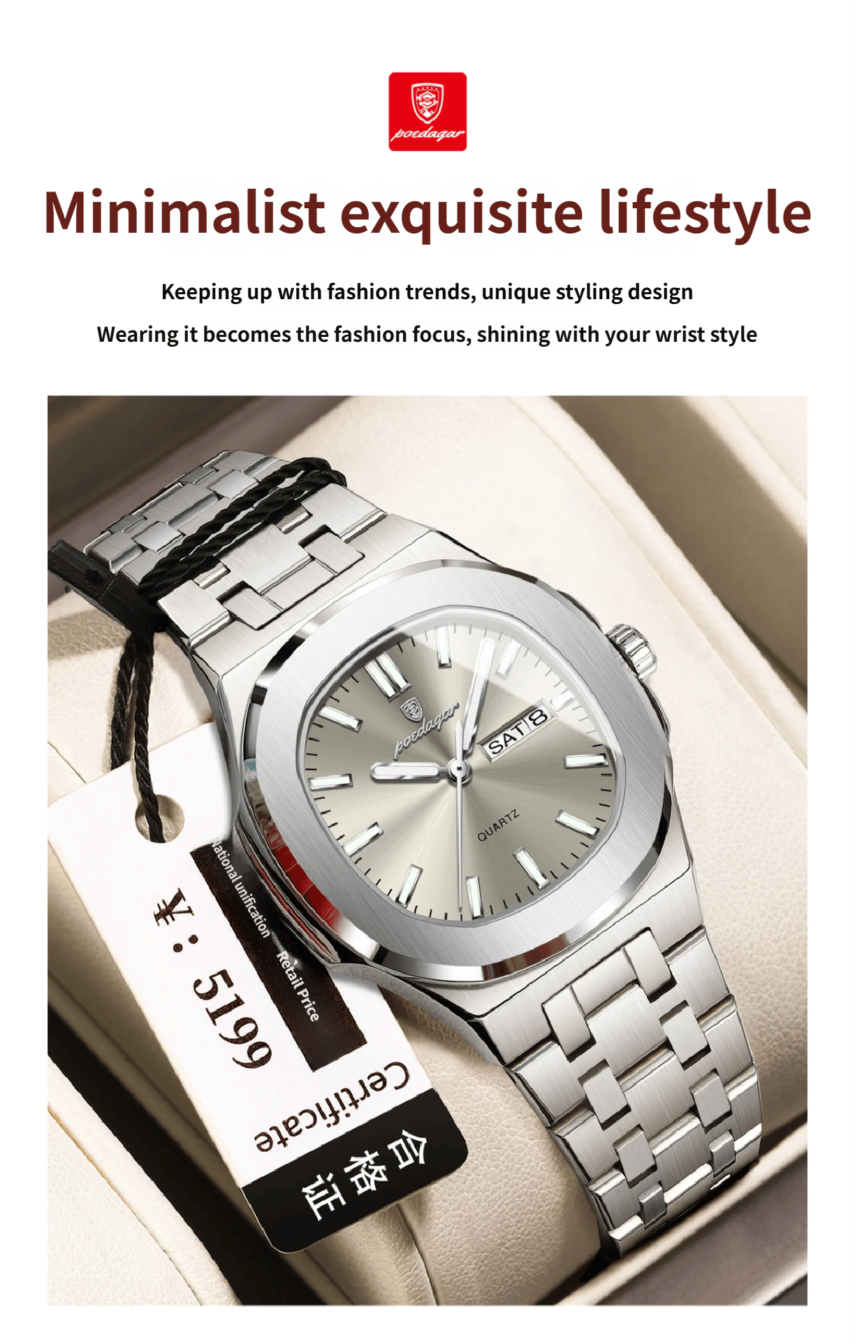 Square Quartz Watch with Water Resistance and Luminous Feature