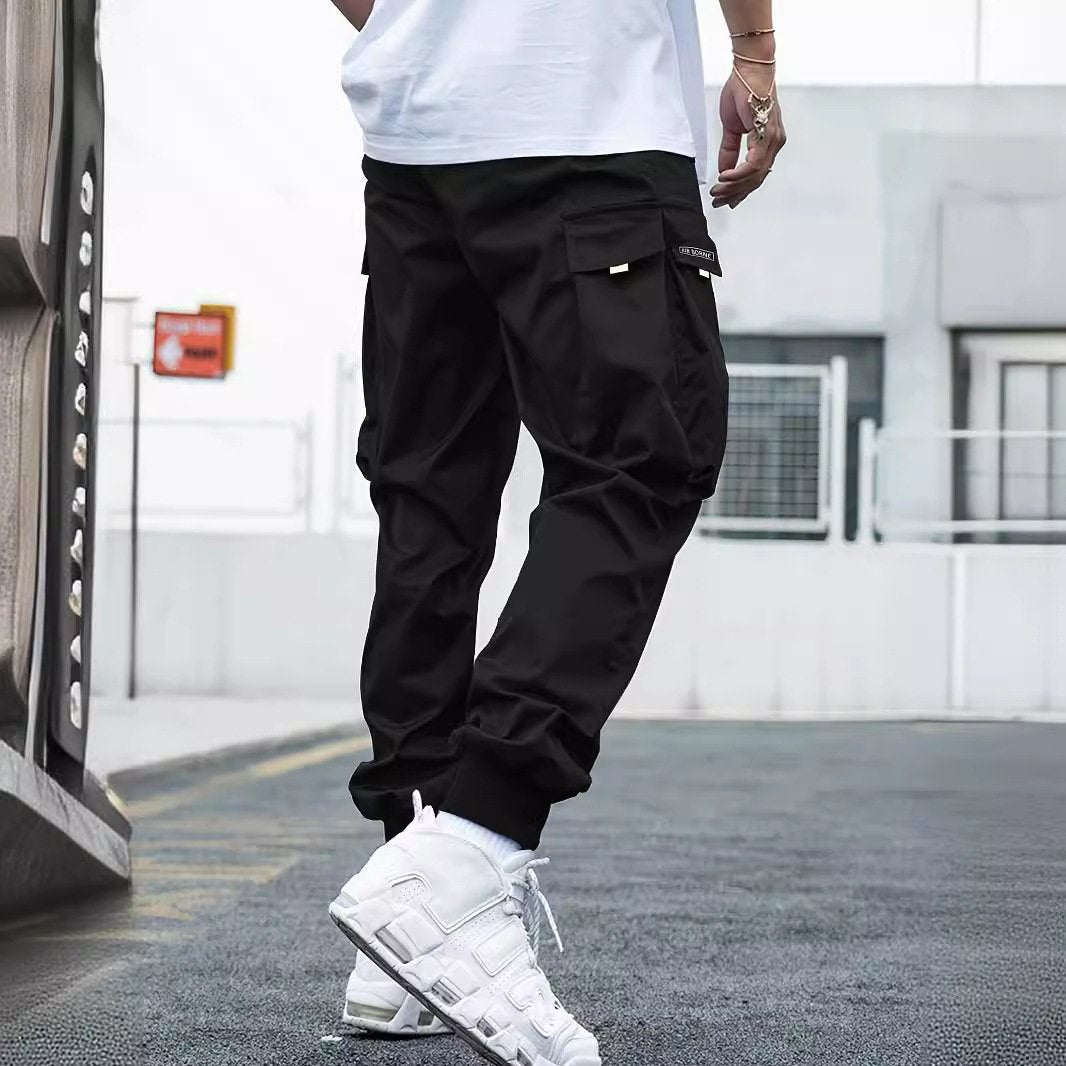 Men's Letter Patch Cargo Pants - Loose Fit Drawstring Elastic Waist Trousers with Slant Pockets, Summer Casual Streetwear