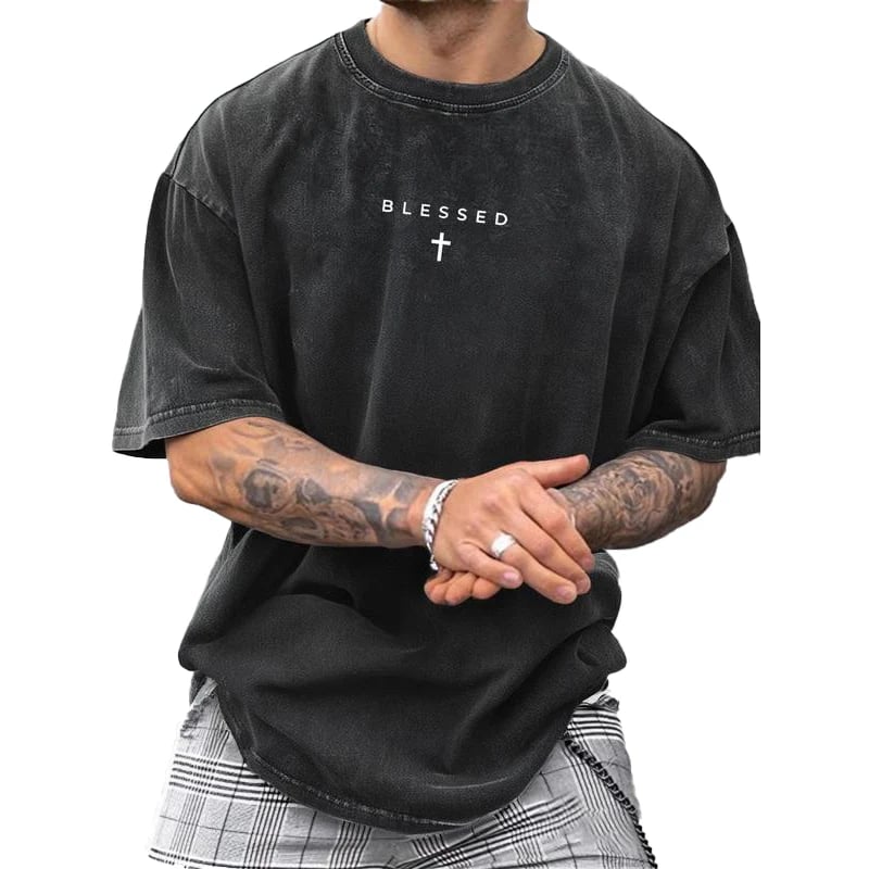 ✝️ Men's Vintage T-Shirt with Cross & Letter Print – Soft Cotton, Relaxed Fit & Perfect for a Classic Casual Look