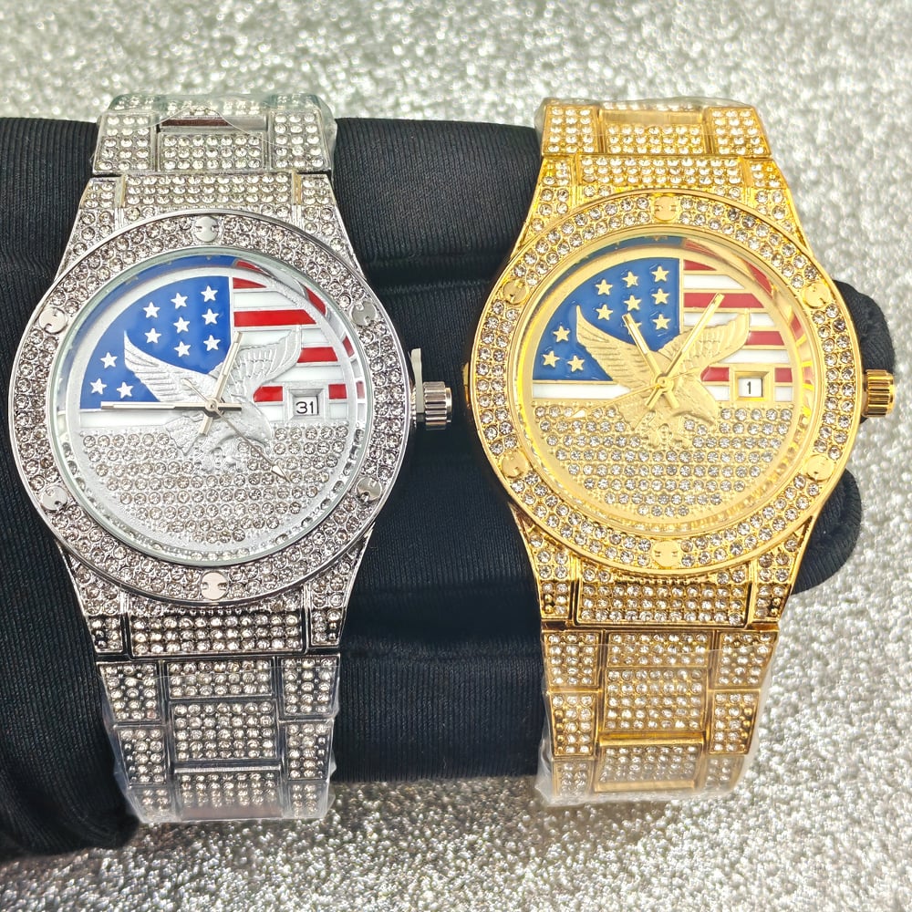 Men's Quartz Watch with Diamond-Set Stars and Stripes and Eagle Design