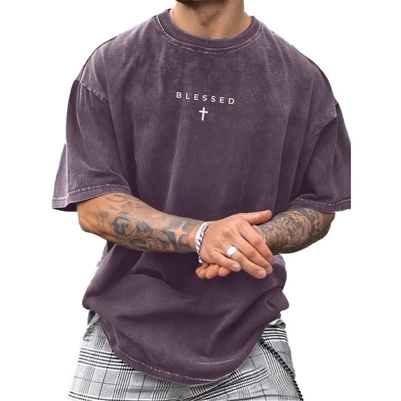 ✝️ Men's Vintage T-Shirt with Cross & Letter Print – Soft Cotton, Relaxed Fit & Perfect for a Classic Casual Look