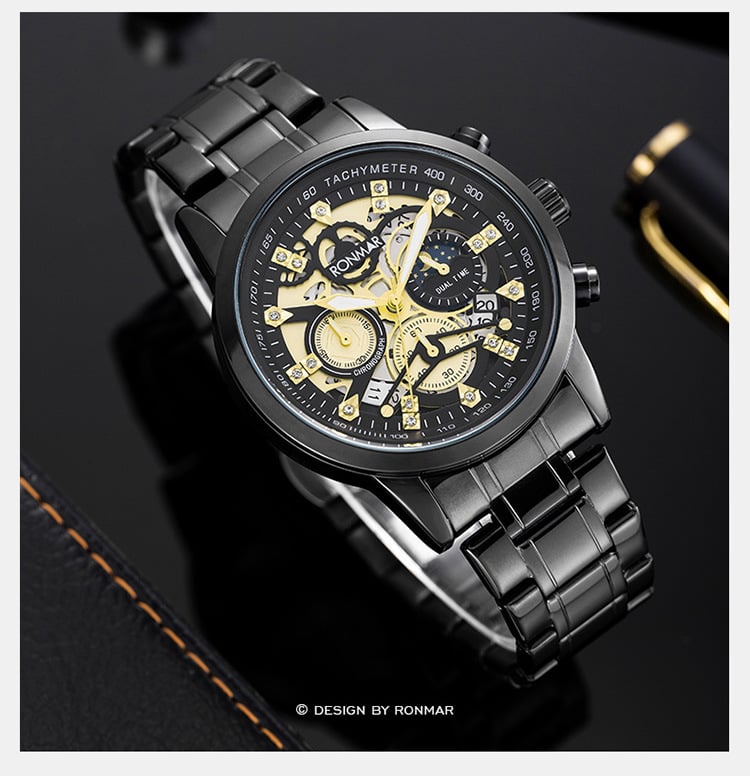 Men's Water-Resistant Stainless Steel Strap Quartz Watch with Three-Hand Dial