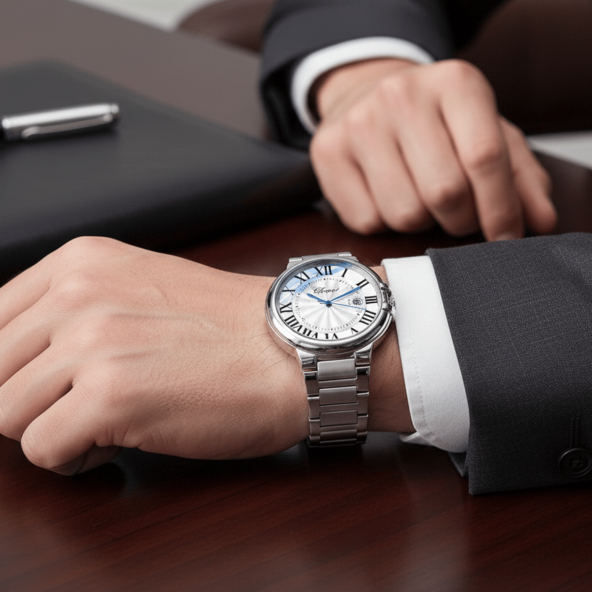 Calendar Blue-Handed Steel Bracelet Watch Water-Resistant Timepiece