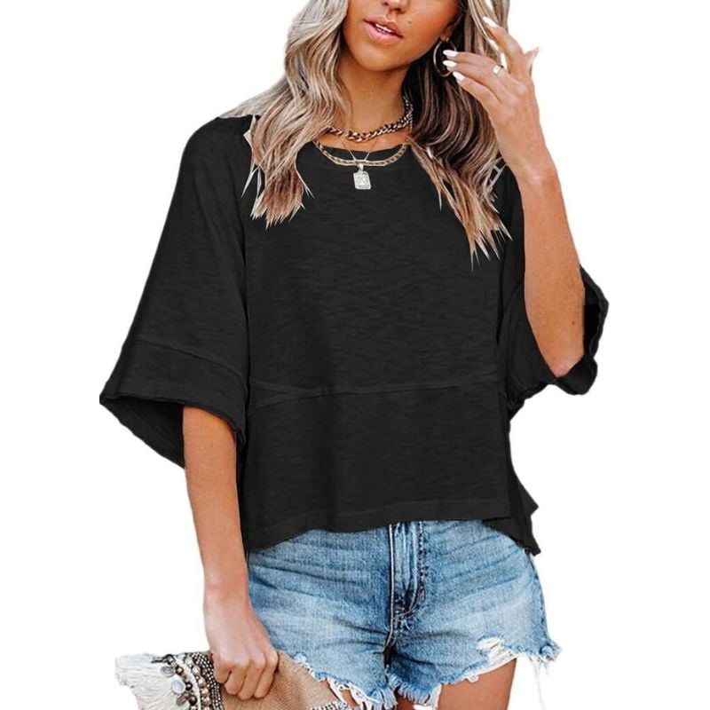 🤍 Women's Loose Fit Solid Color Crewneck Half Sleeve Casual Summer Top ✨