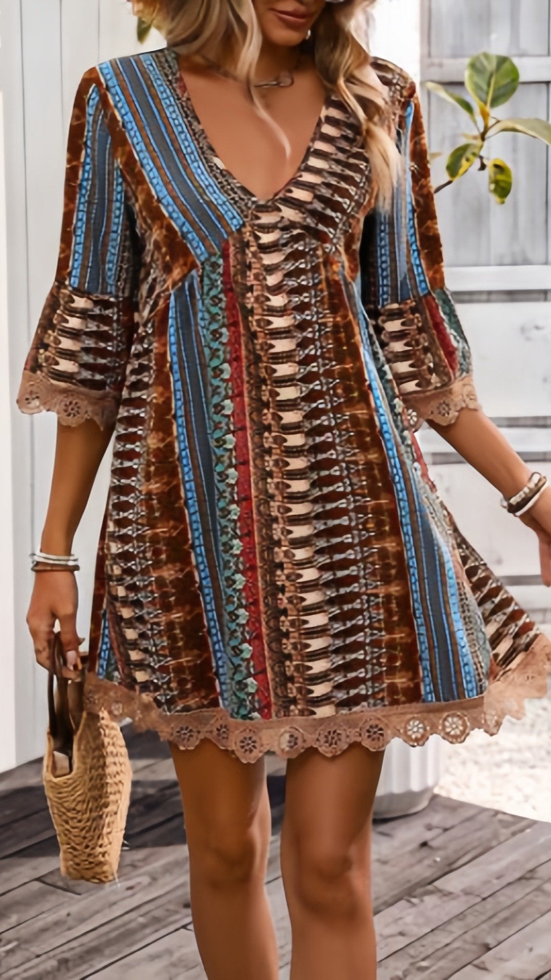 🌸 THE BOHEMIAN LACE TRIM DRESS: V‐NECK, LONG SLEEVES, ALL‐OVER PRINT — YOUR YEAR‐ROUND ESCAPE PIECE 🌸