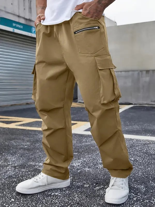 Men's Drawstring Cargo Pants ➰ Relaxed Fit Streetwear🔥Multi-Pocket Casual Trousers 🚶 Zipper Detail Straight Bottoms