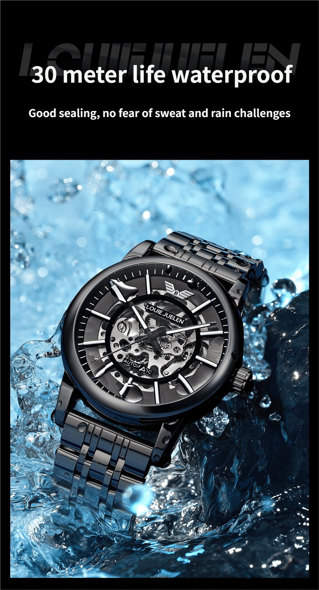 Men's Steel Strap Mechanical Watch with Skeletonised Movement and Luminescent Features