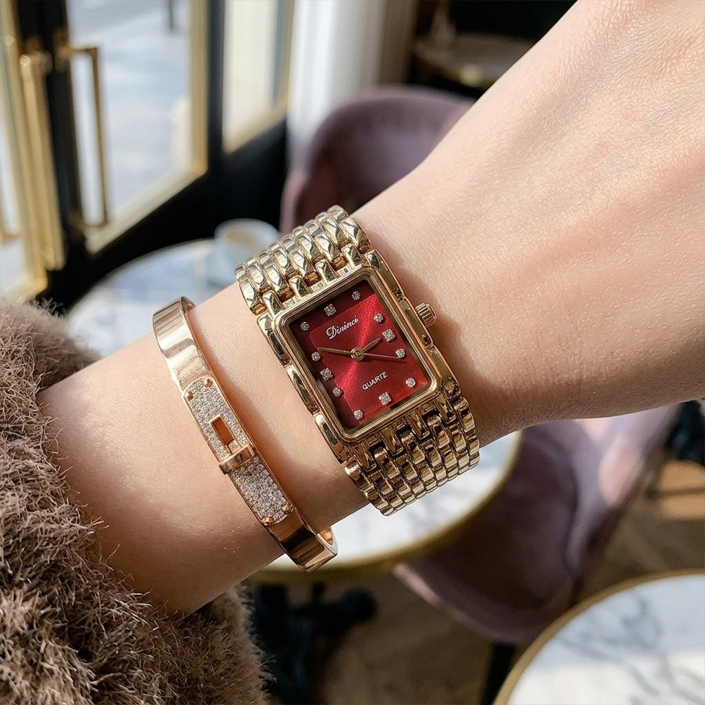 Vintage-style rectangular chain-strap women's watch