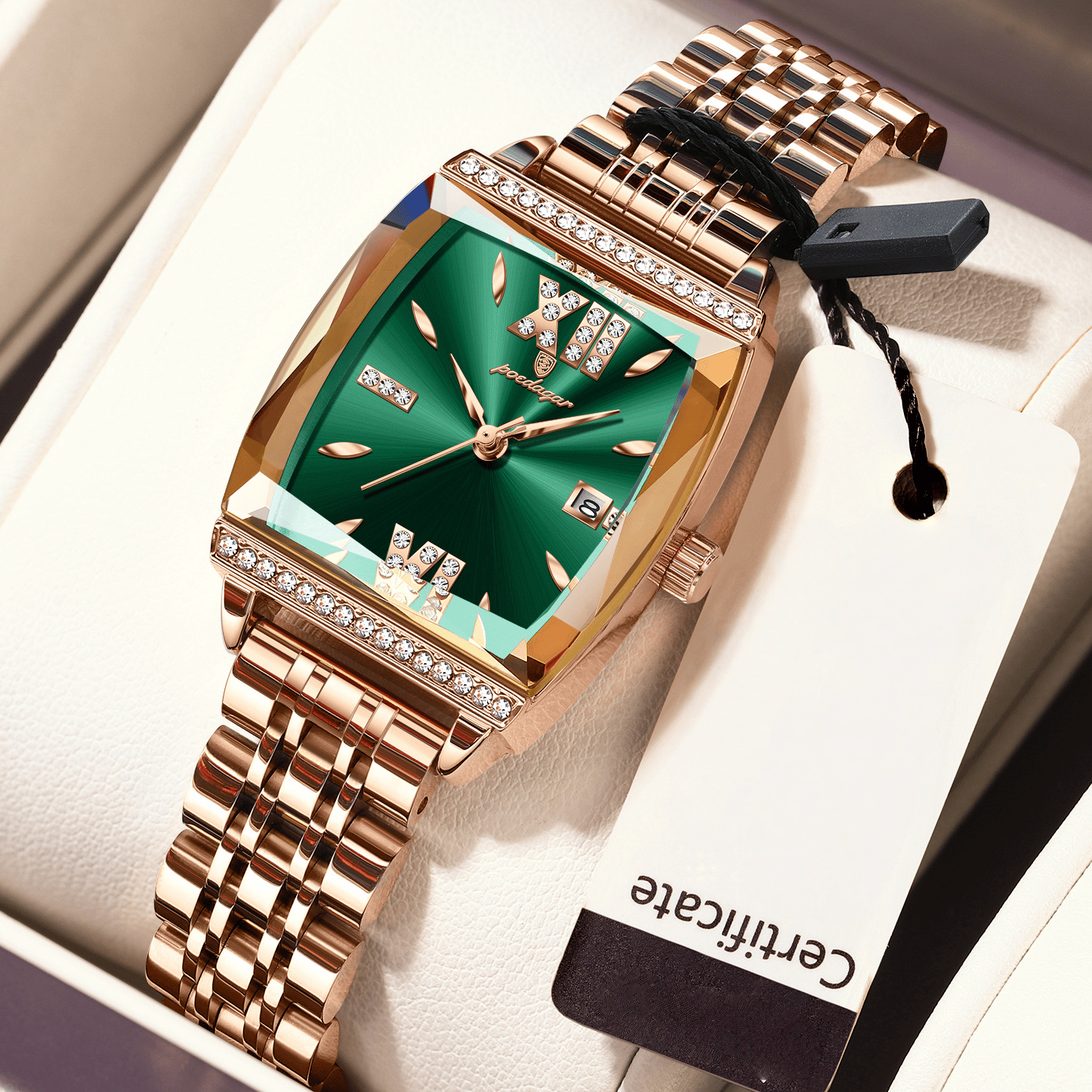 Diamond-set square ladies' water-resistant watch