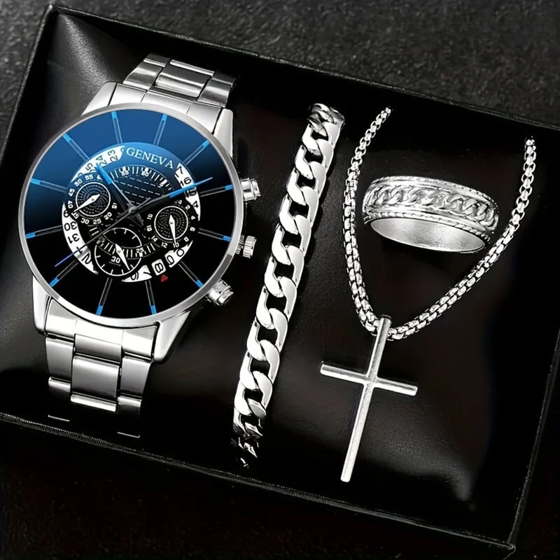 Luxury Men's Watch Gift Set with Glass Case and Quartz Movement