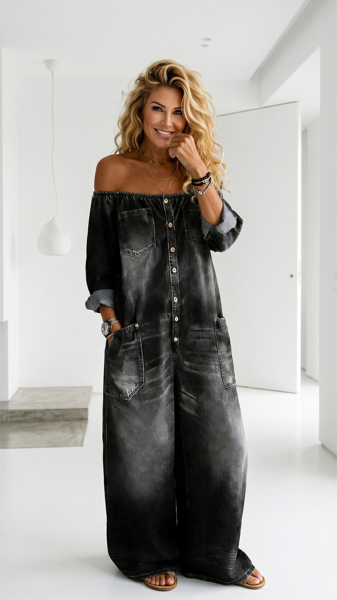 🤠 THE OFF-SHOULDER DENIM JUMPSUIT: VINTAGE WASH, RELAXED FIT, POCKETS FOR DAYS — YOUR NEW ONE-AND-DONE OUTFIT 🤠