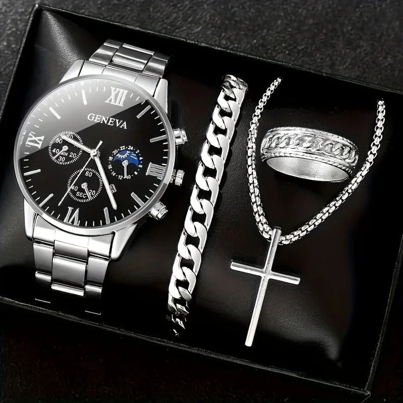 Luxury Men's Watch Gift Set with Glass Case and Quartz Movement