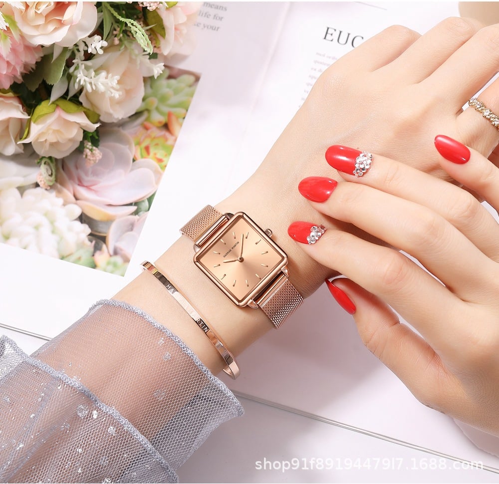 Vintage-style square-faced women's quartz watch with a steel bracelet and Japanese movement