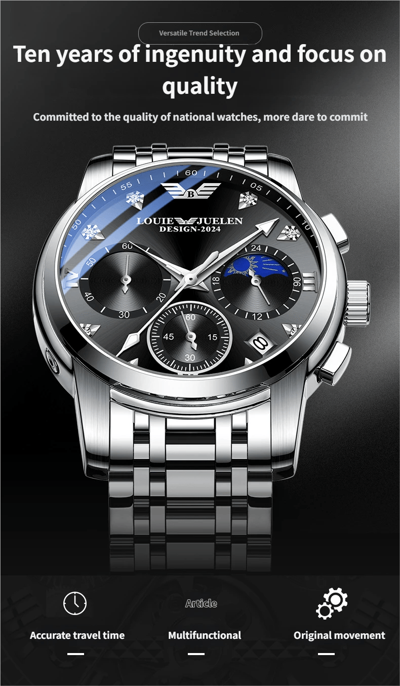 Men's luminous quartz watch with calendar, day, date, and moon phase display.