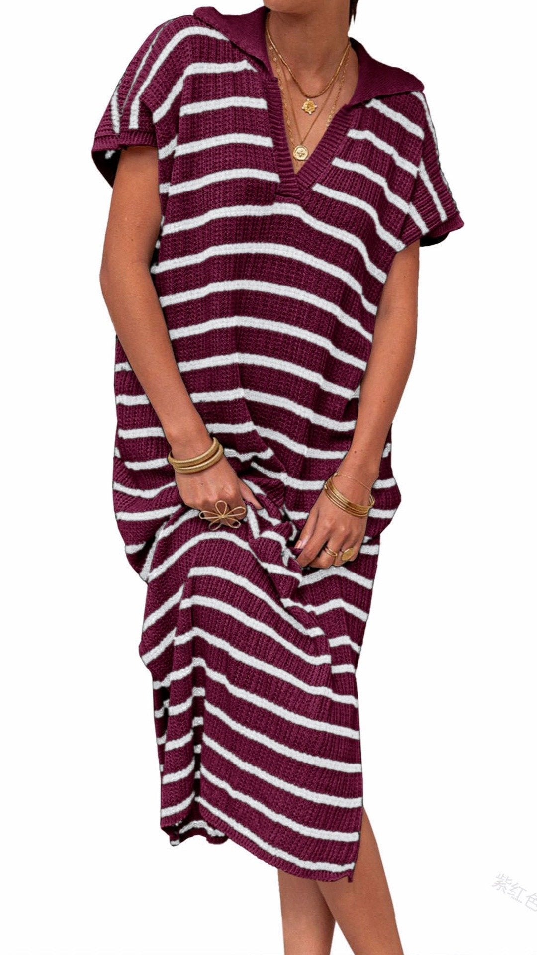 🌊 THE STRIPED KNIT COLLAR MAXI: SHORT SLEEVES, V-NECK, SIDE SLITS — EFFORTLESS SUMMER STYLE 🌊
