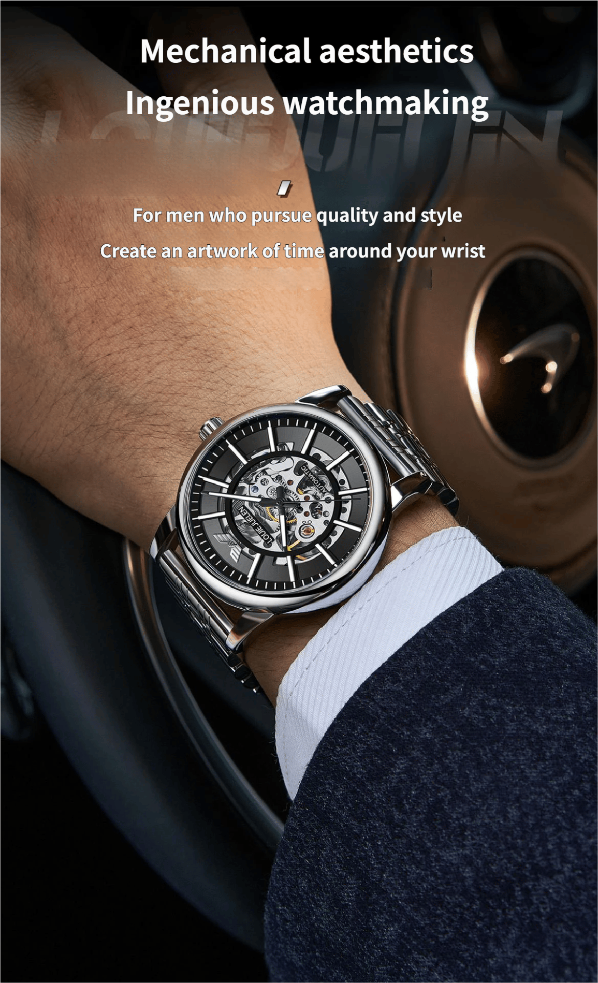 Men's Steel Strap Mechanical Watch with Skeletonised Movement and Luminescent Features