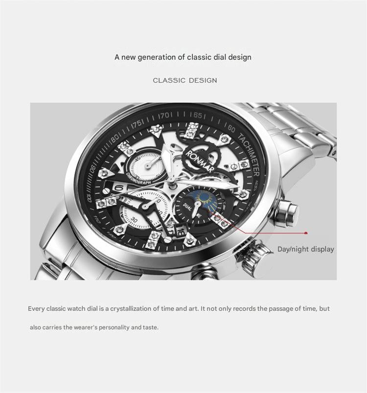 Men's Water-Resistant Stainless Steel Strap Quartz Watch with Three-Hand Dial