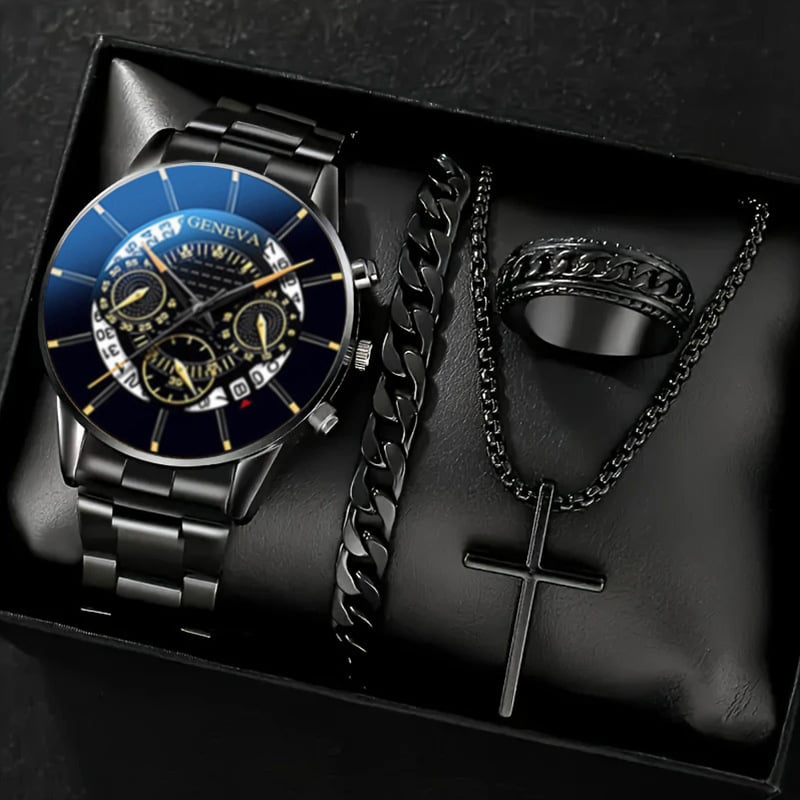 Luxury Men's Watch Gift Set with Glass Case and Quartz Movement