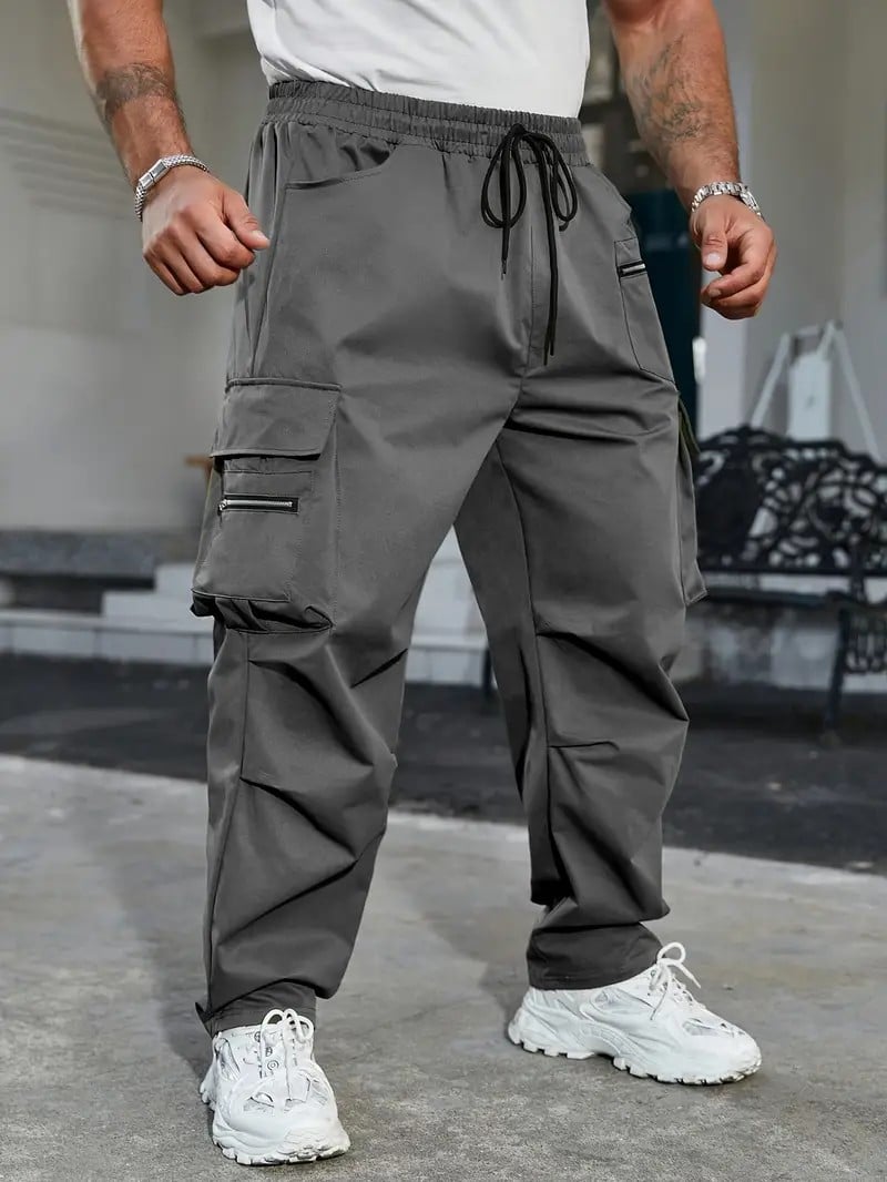 Men's Drawstring Cargo Pants ➰ Relaxed Fit Streetwear🔥Multi-Pocket Casual Trousers 🚶 Zipper Detail Straight Bottoms