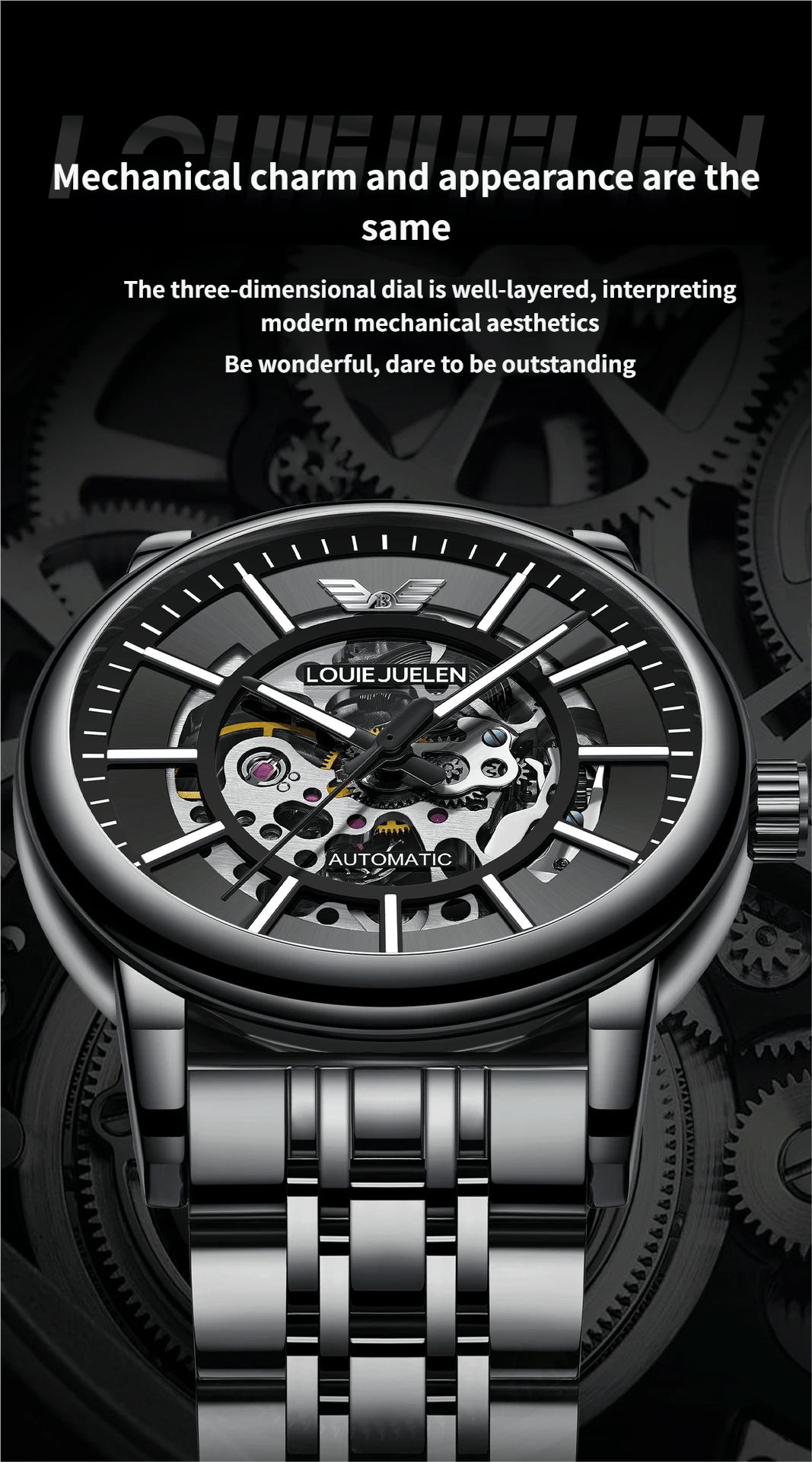 Men's Steel Strap Mechanical Watch with Skeletonised Movement and Luminescent Features