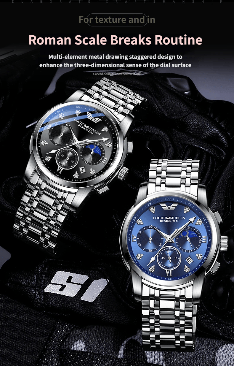 Men's luminous quartz watch with calendar, day, date, and moon phase display.