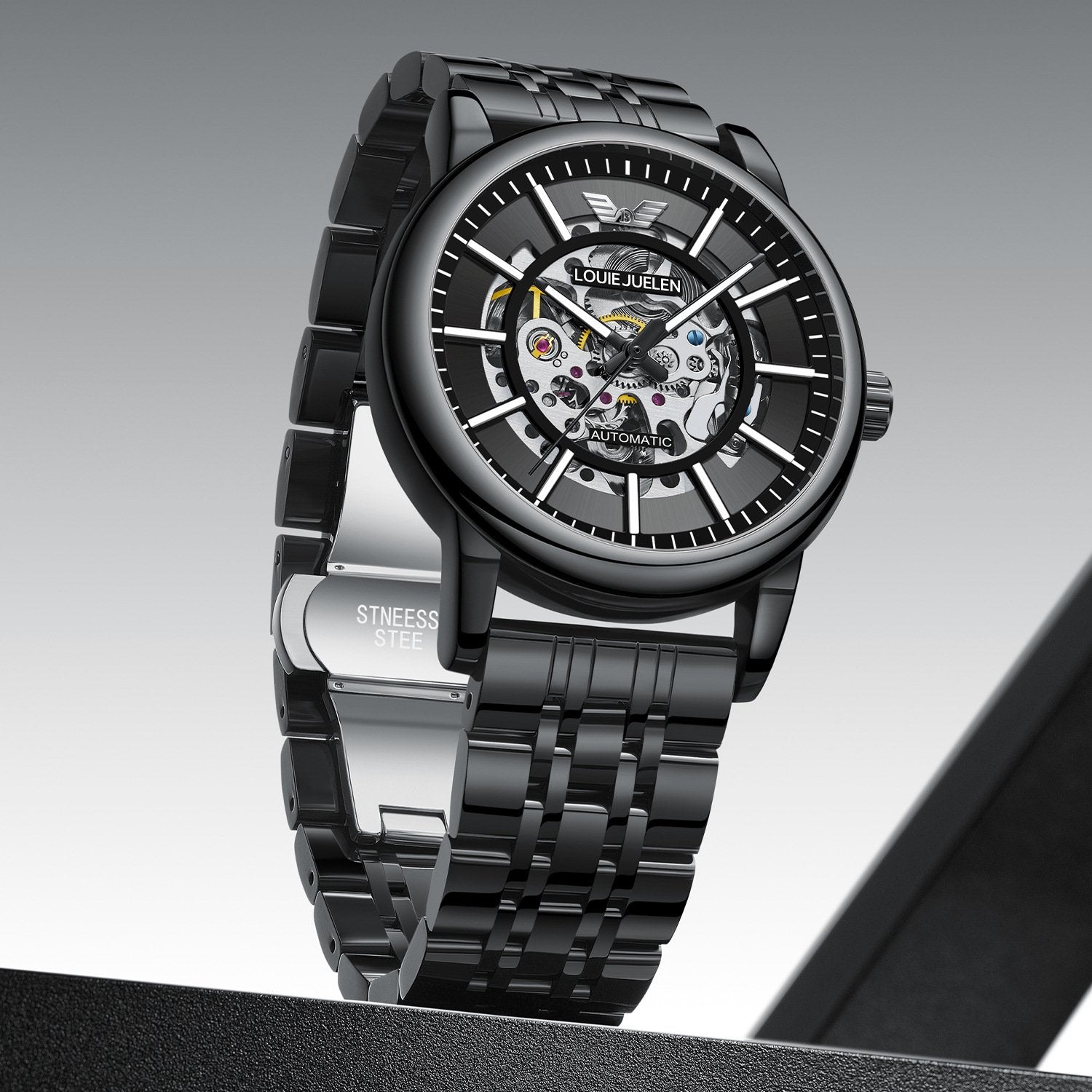 Men's Steel Strap Mechanical Watch with Skeletonised Movement and Luminescent Features