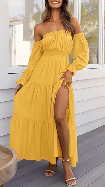 🌸 THE OFF-SHOULDER BOHO MAXI: PUFF SLEEVES, SIDE SPLIT, TIERED DREAMS — YOUR MOST ROMANTIC DRESS YET 🌸