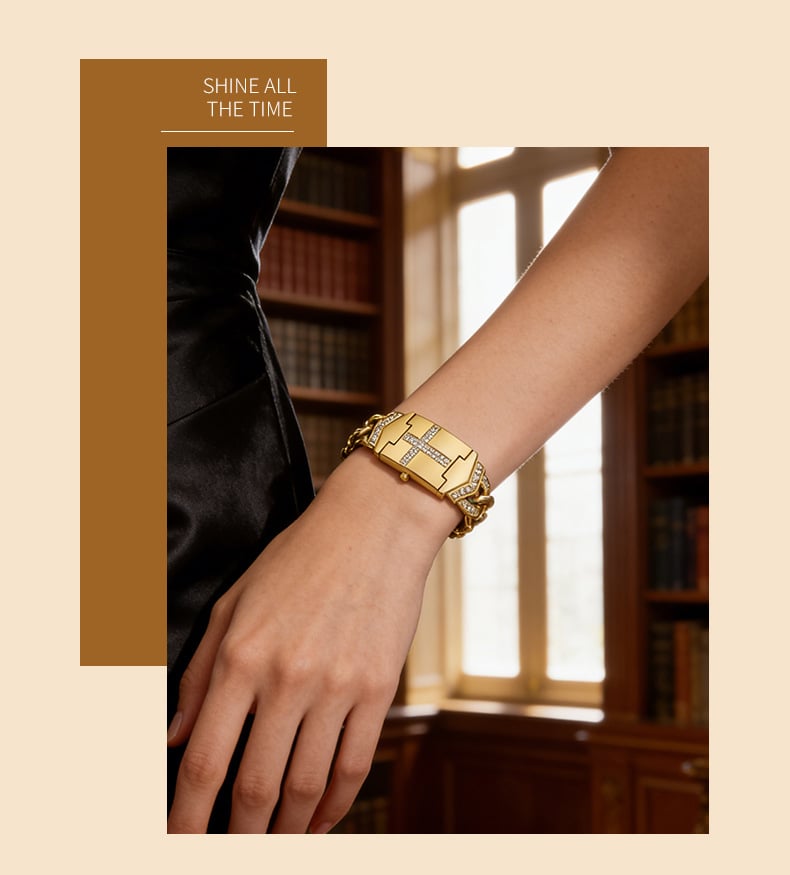 Women's Diamond-Set Cross-Shaped Flap-Style Gold Water-Resistant Wristwatch