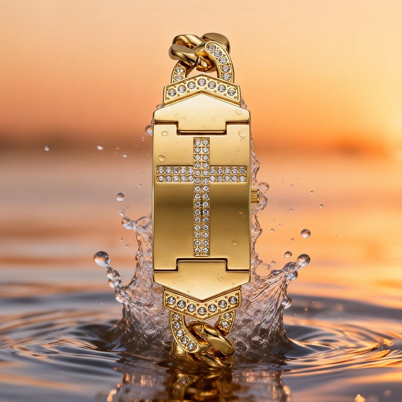 Women's Diamond-Set Cross-Shaped Flap-Style Gold Water-Resistant Wristwatch