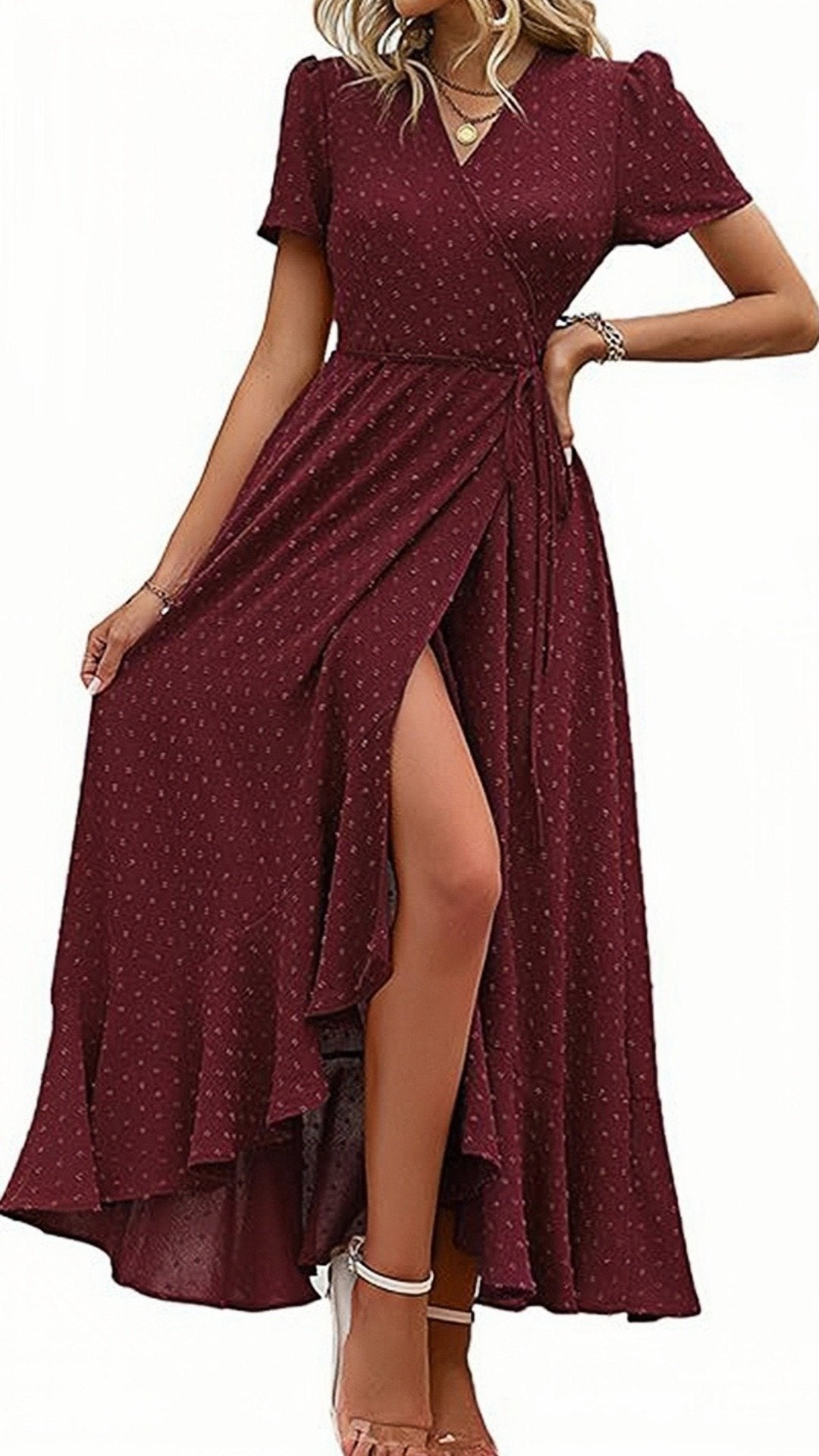 🌸 THE WRAP & DOT MAXI: V-NECK, RUFFLED HEM, SIDE SPLIT — YOUR NEW SUMMER OBSESSION 🌸