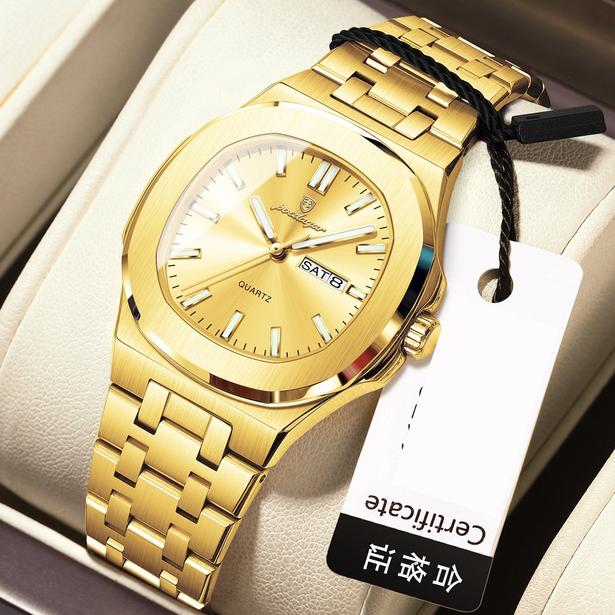 Square Quartz Watch with Water Resistance and Luminous Feature